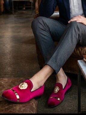Men's Velvet Slip-On Loafers in Fuchsia with Gold Accent